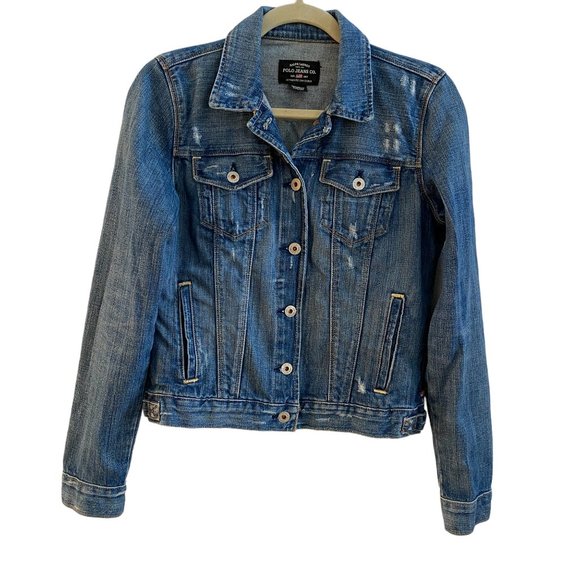 Ralph Lauren Polo Jeans Distressed Rocker Denim Trucker Ripped Y2K Jean Jacket-M - Picture 8 of 14